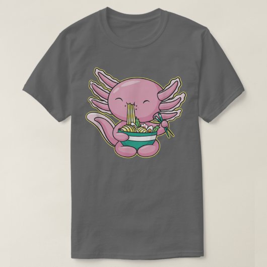 かわいいアニメ食べ物を与えアソロトルラーメン汁 Tシャツ (デザイン正面)