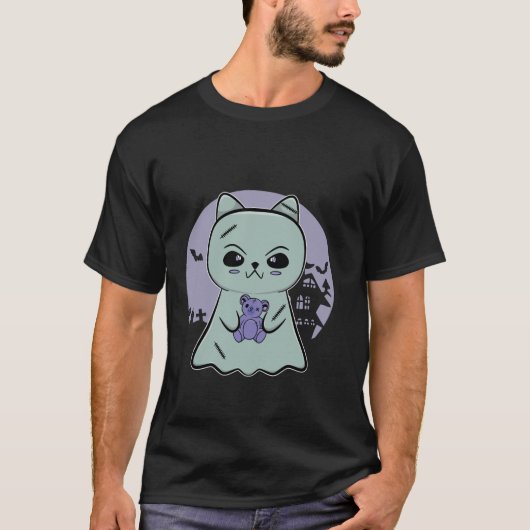 かわいいアニメ黒猫幽霊とゴシックテディベア Tシャツ (正面)