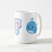 かわいいアニメ、青いクジラとタコのビジュアルが融合したデザイン コーヒーマグカップ (正面右)