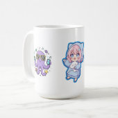 かわいいアニメ、青いクジラとタコのビジュアルが融合したデザイン コーヒーマグカップ (正面左)
