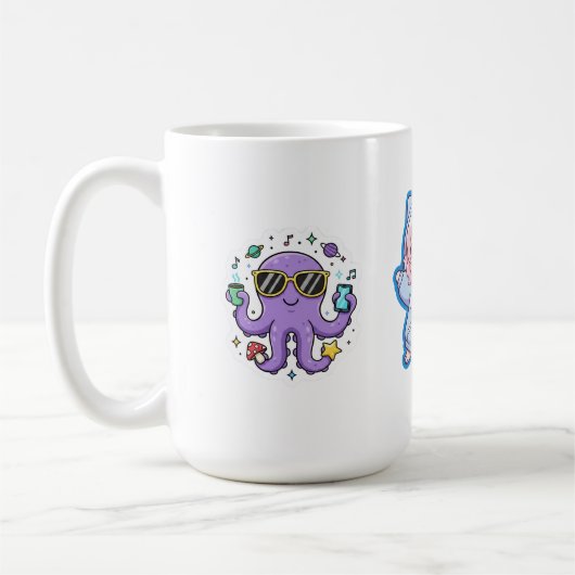 かわいいアニメ、青いクジラとタコのビジュアルが融合したデザイン コーヒーマグカップ (左)
