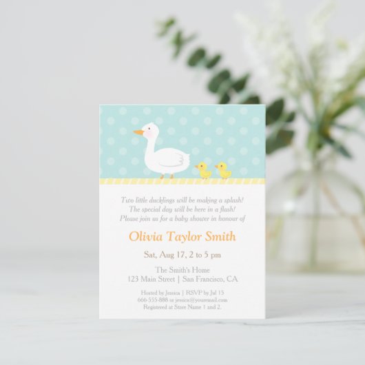 かわいいアヒエレガントルの双子のベビーシャワー招待状 招待状 (スタンド正面)