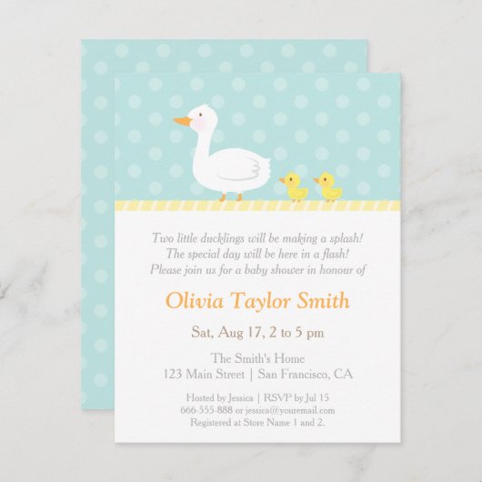 かわいいアヒエレガントルの双子のベビーシャワー招待状 招待状 (正面/裏面)