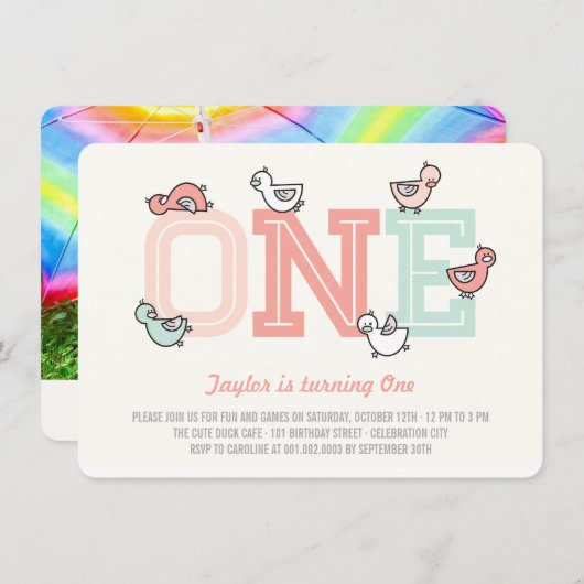 かわいいアヒルがビッグワンガール第1誕生日パーティー招待状 招待状 (正面/裏面)