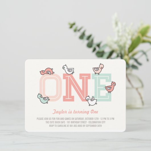 かわいいアヒルがビッグワンガール第1誕生日パーティー招待状 招待状 (スタンド正面)