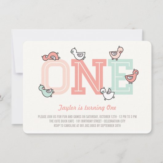 かわいいアヒルがビッグワンガール第1誕生日パーティー招待状 招待状 (正面)