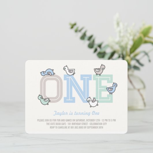 かわいいアヒルがビッグワンボーイ1歳の誕生日パーティー招待状 招待状 (スタンド正面)