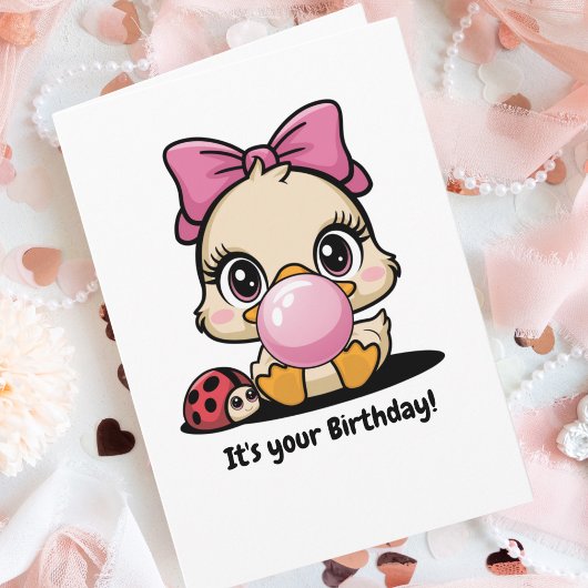 かわいいアヒルとてんとう虫とシャボン玉、おもしろい誕生日 カード