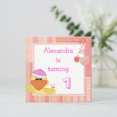 かわいいアヒルとハートの1歳の誕生日 招待状 (スタンド正面)