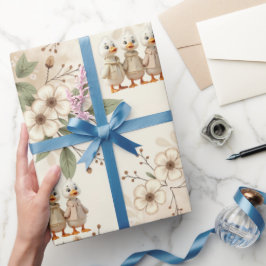 かわいいアヒルとフローラ ラッピングペーパー