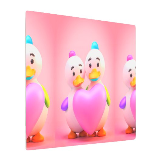 かわいいアヒルとママ心温まるピンクのハート画像 メタルプリント (アングル)