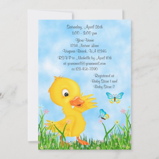 かわいいアヒルと蝶の男の子の赤ちゃんシャワー 招待状 (裏面)
