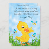 かわいいアヒルと蝶の男の子の赤ちゃんシャワー 招待状 (正面/裏面)