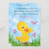 かわいいアヒルと蝶ガールベビーシャワー 招待状 (正面/裏面)