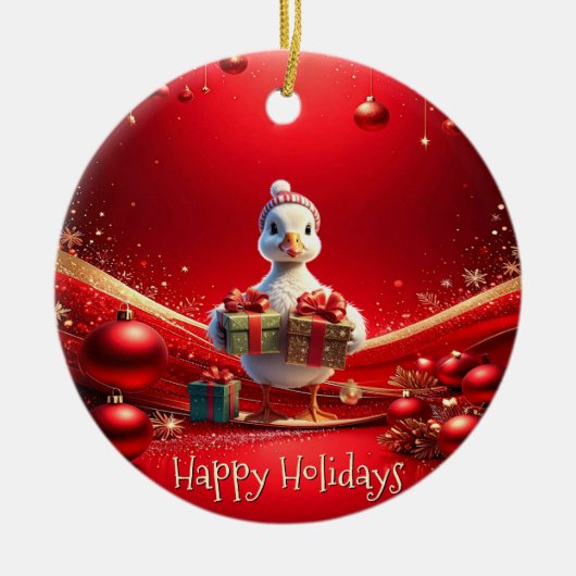 かわいいアヒルのクリスマス飾り セラミックオーナメント (正面)