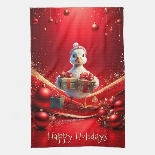かわいいアヒルのクリスマス ホリデーキッチン タオル (縦)