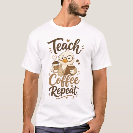 かわいいアヒルのデザイン 教える コーヒー 繰り返す Tシャツ (正面)