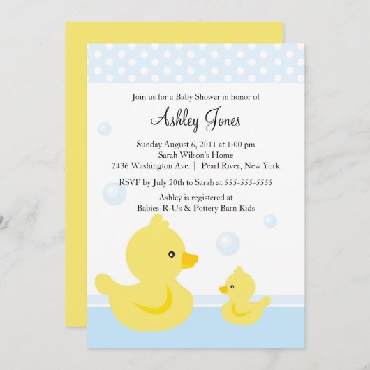 かわいいアヒルのベビーシャワーの招待状 招待状 (正面/裏面)