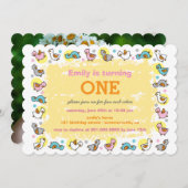 かわいいアヒルの女の赤ちゃんの第1誕生会の招待 招待状 (正面/裏面)