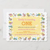 かわいいアヒルの女の赤ちゃんの第1誕生会の招待 招待状 (正面)