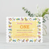 かわいいアヒルの女の赤ちゃんの第1誕生会の招待 招待状 (スタンド正面)