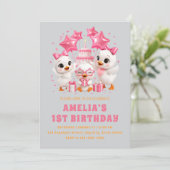 かわいいアヒルの子の1歳の誕生日お祝い 招待状 (スタンド正面)