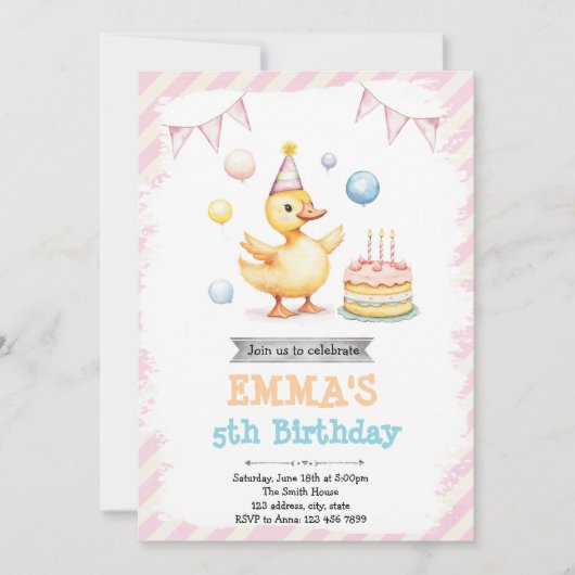 かわいいアヒルの誕生日の招待 招待状 (正面)