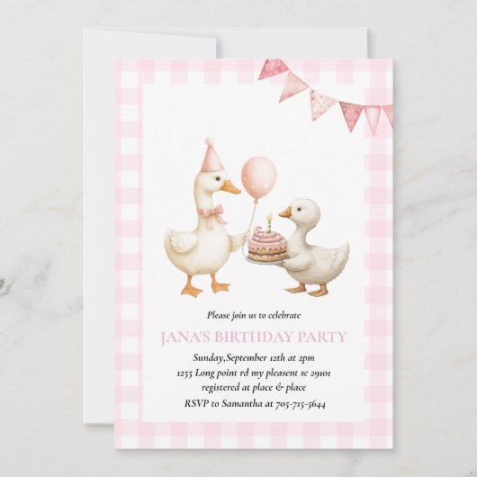 かわいいアヒルの誕生日パーティー | ピンクジンガムファームテーマ 招待状 (正面)