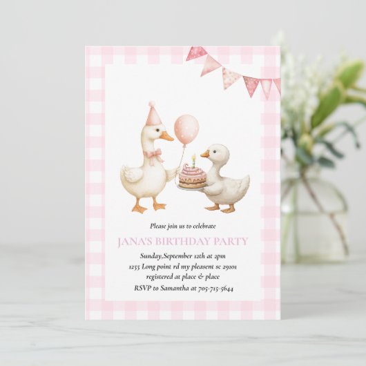 かわいいアヒルの誕生日パーティー | ピンクジンガムファームテーマ 招待状 (スタンド正面)