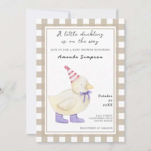 かわいいアヒルの赤ちゃんシャワー 招待状 (正面)