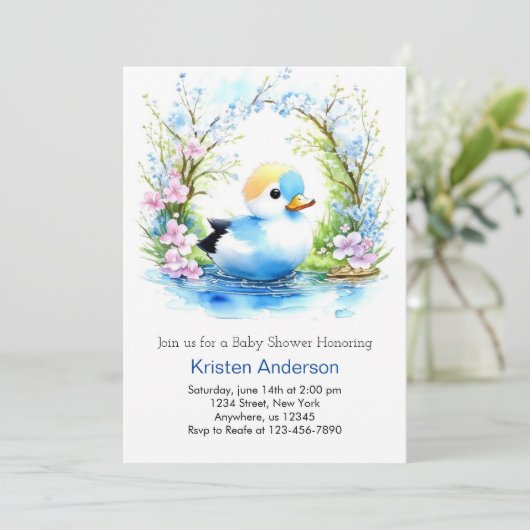かわいいアヒルの青い男の子の赤ちゃんシャワー 招待状 (スタンド正面)