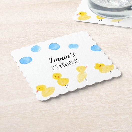 かわいいアヒル手水色誕生日パーティー  ペーパーコースター (アングル)