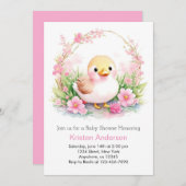 かわいいアヒル牧草地ピンクフローラガールベビーシャワー 招待状 (正面/裏面)