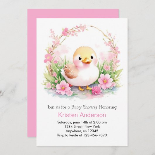 かわいいアヒル牧草地ピンクフローラガールベビーシャワー 招待状 (正面/裏面)