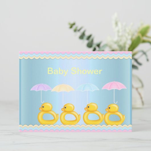 かわいいアヒル赤ちゃんシャワー招待状ブルー 招待状 (スタンド正面)