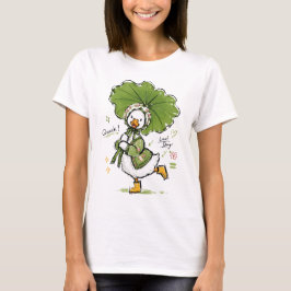 かわいいアヒル 葉の傘と花のボンネット Tシャツ