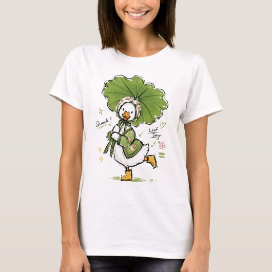 かわいいアヒル 葉の傘と花のボンネット Tシャツ (正面)