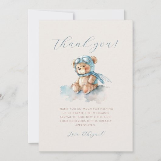 かわいいアビエーターテディベアーベイビーシャワーサンキューカード 招待状 (正面)