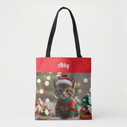 かわいいアビシニアン猫のクリスマスパーソナライズドトート トートバッグ (正面)
