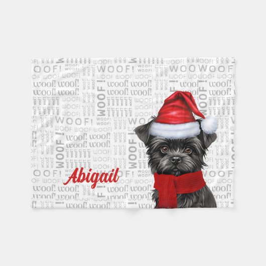 かわいいアフェンピンスシェルドッグと名前クリスマスホリデー フリースブランケット (正面(横))