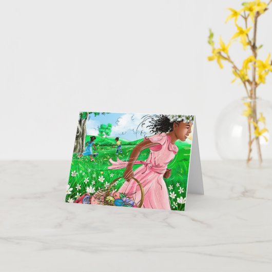 かわいいアフリカの女の子のイースターエッグハント| スイートイースター カード (黄色い花)