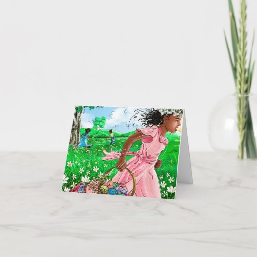 かわいいアフリカの女の子のイースターエッグハント| 甘いイースター カード (正面)