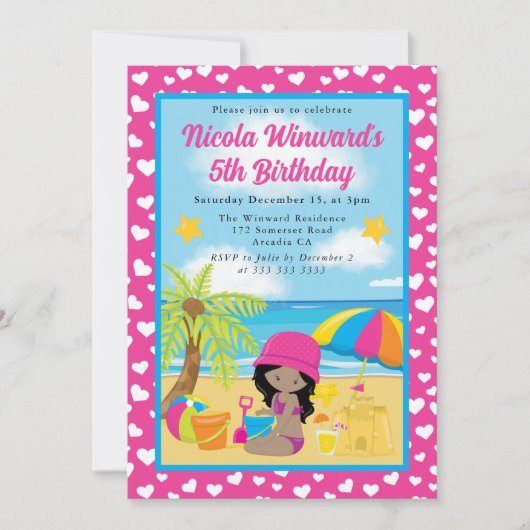 かわいいアフリカンアメリカン・ガールビーチ子供の誕生日 招待状 (正面)