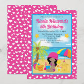 かわいいアフリカンアメリカン・ガールビーチ子供の誕生日 招待状 (正面/裏面)