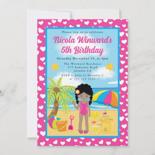 かわいいアフリカンアメリカン・ガールビーチ子供の誕生日 招待状 (正面)
