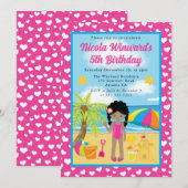 かわいいアフリカンアメリカン・ガールビーチ子供の誕生日 招待状 (正面/裏面)