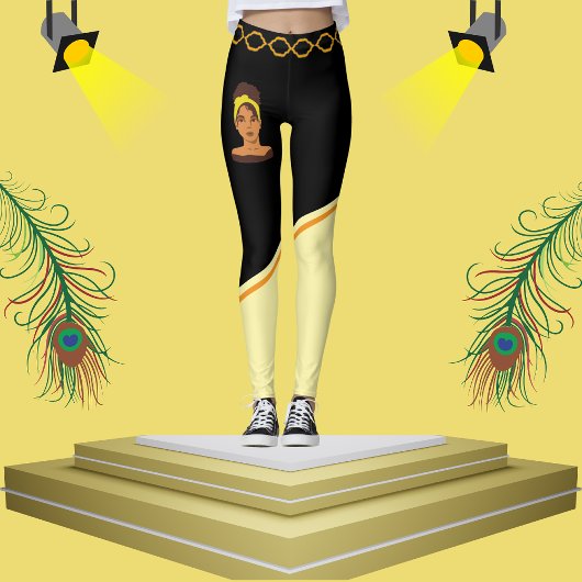 かわいいアフリカ人女性ブラック&ベージュストライプのスタイリッシュ レギンス