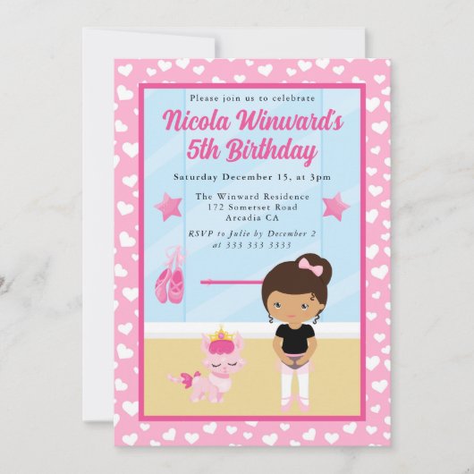 かわいいアフリカ系アメリカ人のバレリーナの子供の誕生日 招待状 (正面)