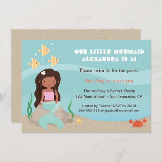 かわいいアフリカ系アメリカ人の人魚の女の子の誕生会 招待状 (正面/裏面)