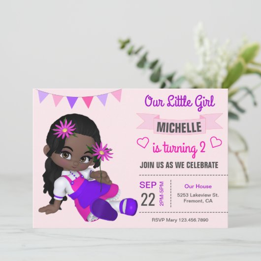 かわいいアフリカ系アメリカ人の女の子の誕生会の招待 招待状 (スタンド正面)